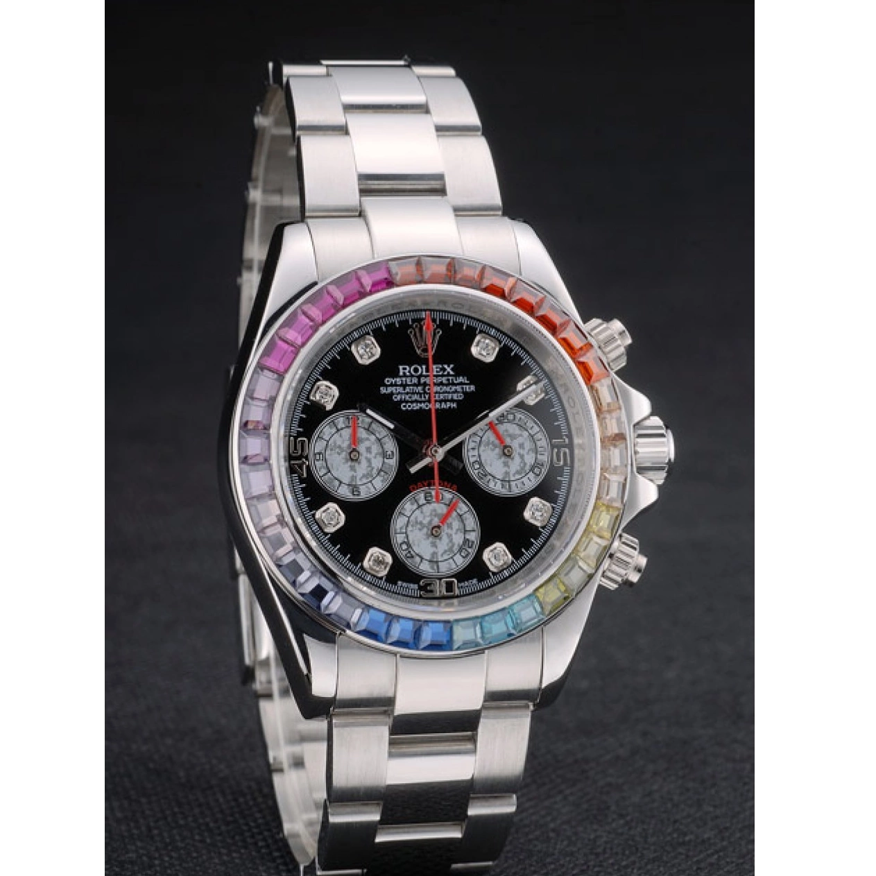 Best AAA Replica Sites Daytona Crystals 80250 Dial Rainbow Rolex Steep Black Strap Stainless Bezel Cosmograph 0704
